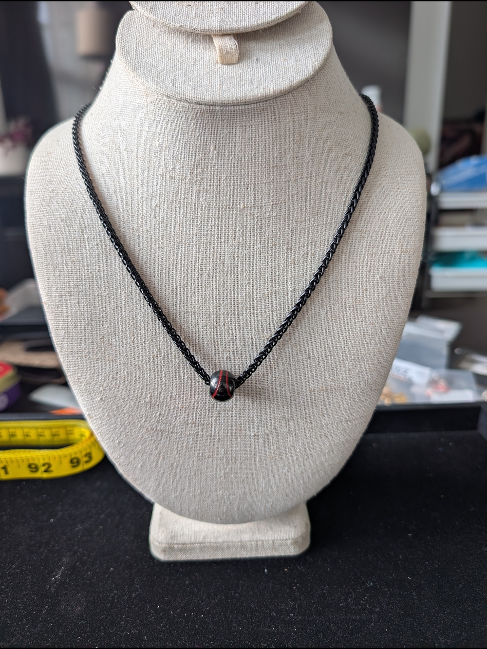 Black Braided Chain Necklace with Black And Red Baseball